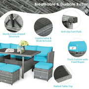 Conjunto de muebles de comedor para patio de 7 piezas de ratán con sofá seccional, mesa de comedor, otomanas y cojines