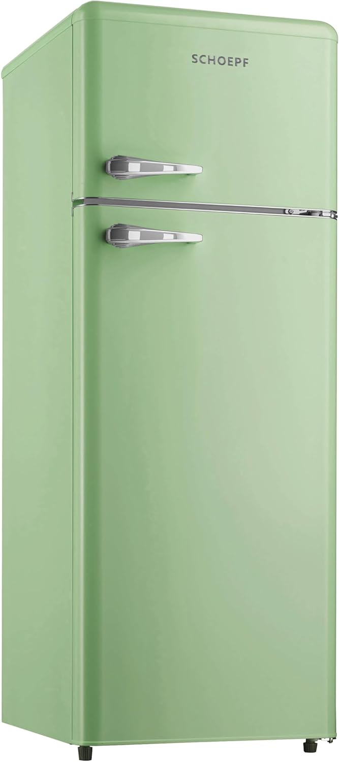 SCHOEPF – RKG218SG Frigorífico combi – 211 L – Diseño retro – Iluminación LED – 39 dB – Verde/Menta – Patas regulables en altura – Independiente – Estilo vintage