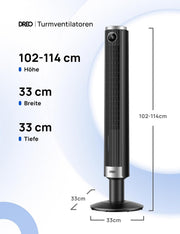 Ventilador de torre inteligente DREO 102–114 cm para dormitorio, altura ajustable, 8,4 m/s, motor CC, 9 velocidades, 4 modos, oscilación de 90°, ventilador de pie, 20 dB silencioso, temporizador de 12 h para el hogar y la oficina, Google/Alexa