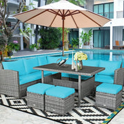 Conjunto de muebles de comedor para patio de 7 piezas de ratán con sofá seccional, mesa de comedor, otomanas y cojines