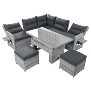 Conjunto de sofá seccional de ratán para exteriores con mesa ajustable y sillones reclinables