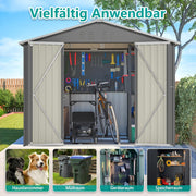 Cobertizo de jardín robusto de metal con techo a dos aguas XXXL (300 x 252 x 191 cm) Almacenamiento seguro para herramientas y equipos de jardinería Gris