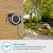 Enrollador de manguera de pared Gardena RollUp L (blanco) – Longitud 30 m – Ø 13 mm – Garantía de 5 años – Carrete pivotante a 180° – Kit completo con lanza, conectores, manguera y soporte de pared incluido (18627-20)
