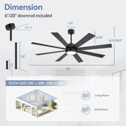 Ventilador de techo negro de 65 pulgadas y 8 aspas con luz y control remoto
