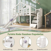 Cama litera infantil Merax 90x200cm, cama casita, litera alta con tobogán, escalera, compartimento de almacenamiento, espacio de almacenamiento, somier, protección anticaídas, con ventana, para 2 niños, sin colchón, blanco/254x96x207cm
