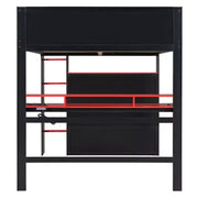 Cama alta de tamaño completo Luxystar con escritorio ajustable iluminado, armario abierto y estantería