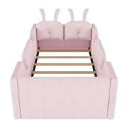 Cama plataforma doble Whisen, cama de suelo tapizada para niños con cojín de conejo, barandillas laterales extraíbles
