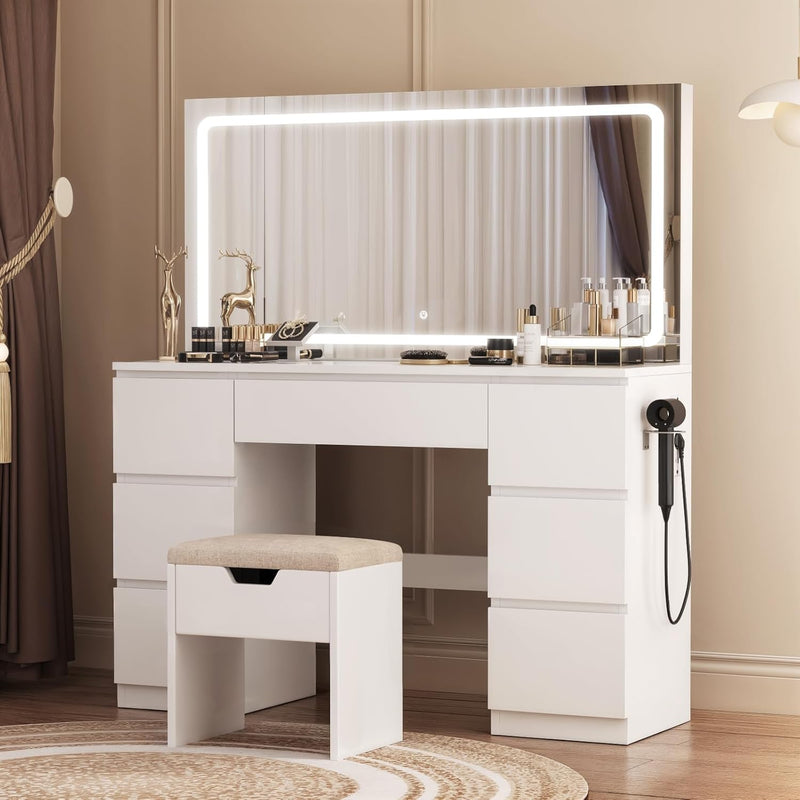 TRIUMPHKEY Tocador grande con espejo e iluminación LED de 115 cm, temperatura de color ajustable, tocador con 7 cajones y toma de corriente, incluye taburete, 115x40x139 cm, blanco