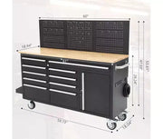 Cajonera móvil para herramientas de 61 pulgadas con 10 cajones y banco de trabajo para garaje con regleta de alimentación, superficie de madera de caucho macizo, gabinete de estación de trabajo móvil resistente con capacidad de 1675 libras
