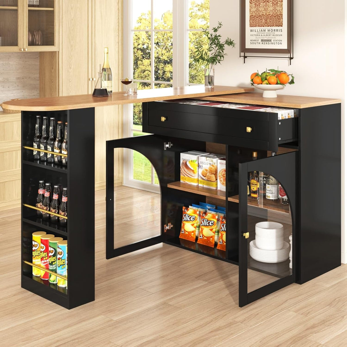 Mesa de bar extensible KOMHTOM, bar de cocina con espacio de almacenamiento, aparador con estantes, vitrina y cajón, mesa de comedor giratoria con armario de almacenamiento (negro)