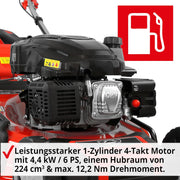 Cortacésped de gasolina 5 en 1 HECHT: potente motor Eco de 4 tiempos de 4,4 kW (6,0 CV), arranque por cuerda, 53 cm de ancho de corte, recogedor de 75 l, tracción a las ruedas, ruedas patentadas, EasyClean, función de mulching