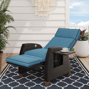 Chaise longue reclinable de patio con posición ajustable, mesa plegable y cojín para jardín, patio, terraza, exteriores – Cojín azul pavo real y mimbre marrón
