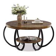 Mesa de centro industrial redonda de 30 pulgadas, 2 niveles con patas ajustables, estante con veta de madera, diseño de llama, fácil montaje, para sala de estar