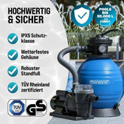 Sistema de filtro de arena SF96K 9600 l/h 400 W para piscinas de hasta 30000 L, válvula de 7 vías, autoaspirante, adaptador Ø32-38 mm, bomba de filtro para piscina