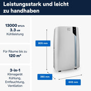 De'Longhi Pinguino PAC EL112 CST WiFi, aire acondicionado portátil con tecnología MyEcoRealFeel para habitaciones de hasta 110 m³, 11.000 BTU/h, 2,9 kW, 63 dB, función de deshumidificación, A+, control por aplicación y voz, blanco