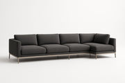Sofá esquinero de tela gris, estructura metálica, 290x90x85 cm