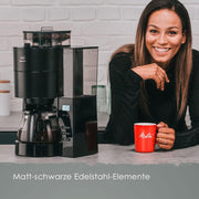 Melitta AromaFresh - Cafetera de filtro - con jarra de cristal - molinillo integrado - función de temporizador - 10 tazas - Negro puro