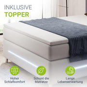Cama boxspring Juskys Norfolk 180x200 cm - Iluminación LED, colchón Bonell y topper - 66 cm de altura de confort - blanco - Cama, cama doble, cama tapizada