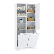 Gabinete de almacenamiento para baño con puertas y cajones, cesto para ropa abatible, espacio de almacenamiento múltiple, estilo independiente