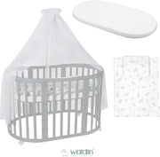 Cuna ovalada evolutiva Waldin, set completo 7 en 1, cuna de barrotes, cama infantil con colchón, cambiador, cuna colecho, madera blanca