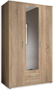 KARL Elegante armario de 3 puertas con gran capacidad de almacenamiento - Armario multiusos color roble Sonoma con puerta de espejo - 120 x 195 x 55 cm