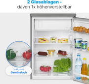 Frigorífico con congelador Bomann® | Frigorífico pequeño con 120L de capacidad útil | Refrigeración 107L y congelación 13L | Nevera con 3 estantes en la puerta y 2 estantes de cristal | Bisagra de puerta reversible | KS 2184.1 inox