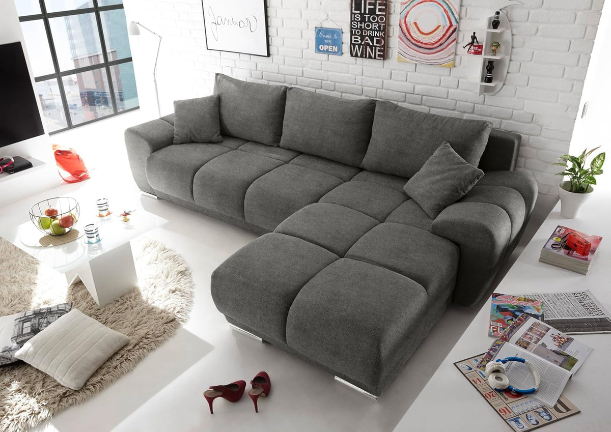 Sofá esquinero Stella Trading ANTON con función cama, tapizado en tela Uran Stone - Sofá esquinero moderno en forma de L con arcón y pespunte decorativo - 289 x 85 x 189 cm (ancho/alto/fondo)