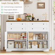 Aparador HOCSOK, mueble de cocina de 132,7 cm de ancho con 2 estantes ajustables, armario buffet con 4 cajones y 4 puertas, aparador de cocina para salón, cocina, recibidor, blanco y marrón