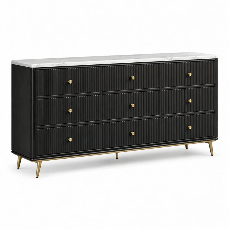 Cómoda de 9 cajones de madera y metal en negro con efecto mármol