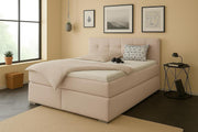 Cama boxspring A&J MöbelLand 140x200 con colchón y cabecero tapizado – Tom, cama con almacenamiento en beige 2