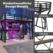 Cama alta infantil 90x200 cm, litera, cama de metal con tira LED, escritorio y escalera, cama individual juvenil, cama multifuncional, estructura de cama con protección anticaídas y somier, sin colchón, negro