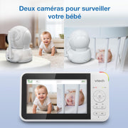 Monitor de video para bebés VTech con 2 cámaras y pantalla LCD a color de 5", hasta 17 horas de transmisión de video y 31 horas en modo solo audio, visión nocturna, giro-inclinación-zoom: VM924-2