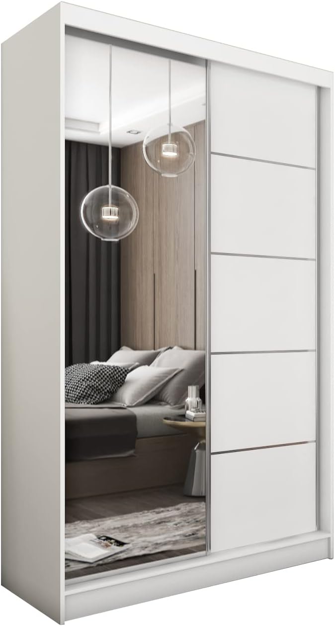 Armario MEBLINI con espejo, 2 puertas - Armario de puertas correderas con barra para ropa - Armario de dormitorio con estantes - Wardrobe Closet - MAKIRA - 120 cm - Blanco/Blanco + espejo