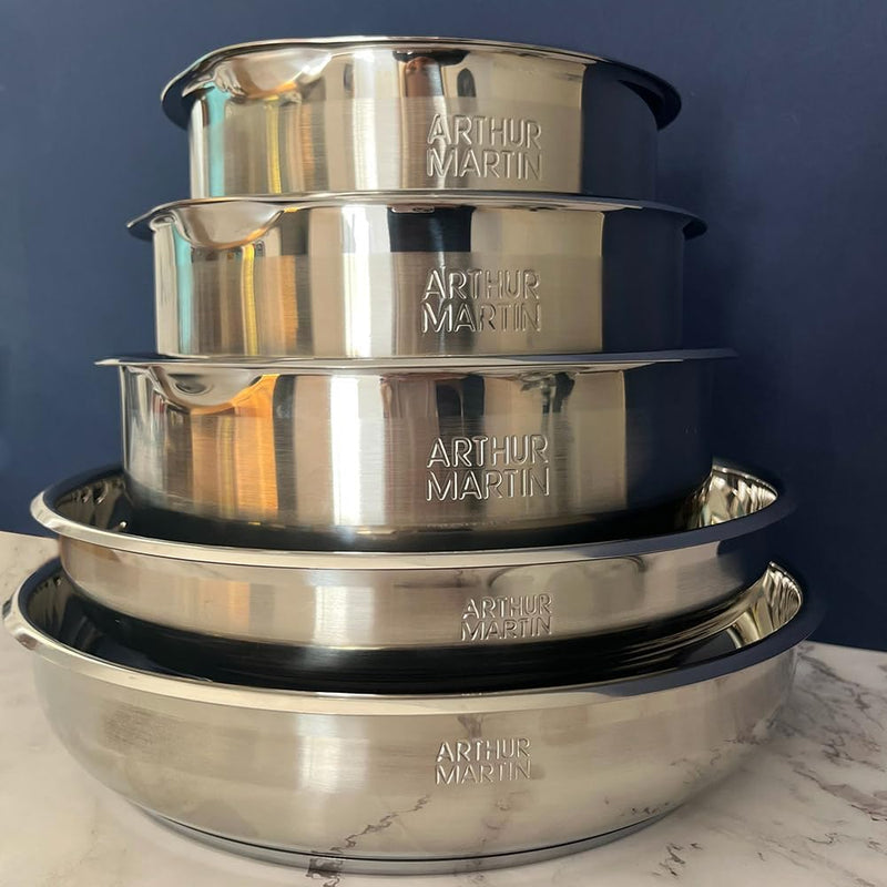 AM5535 : Batería de cocina de 15 piezas Arthur Martin, sartenes y cacerolas de acero inoxidable con accesorios, interior pulido espejo, compatible con todas las fuentes de calor, incluida inducción, color cromo