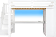 Cama alta de 140x200 con escritorio y estantería, armario, escalera con almacenaje, USB y luces LED, blanco