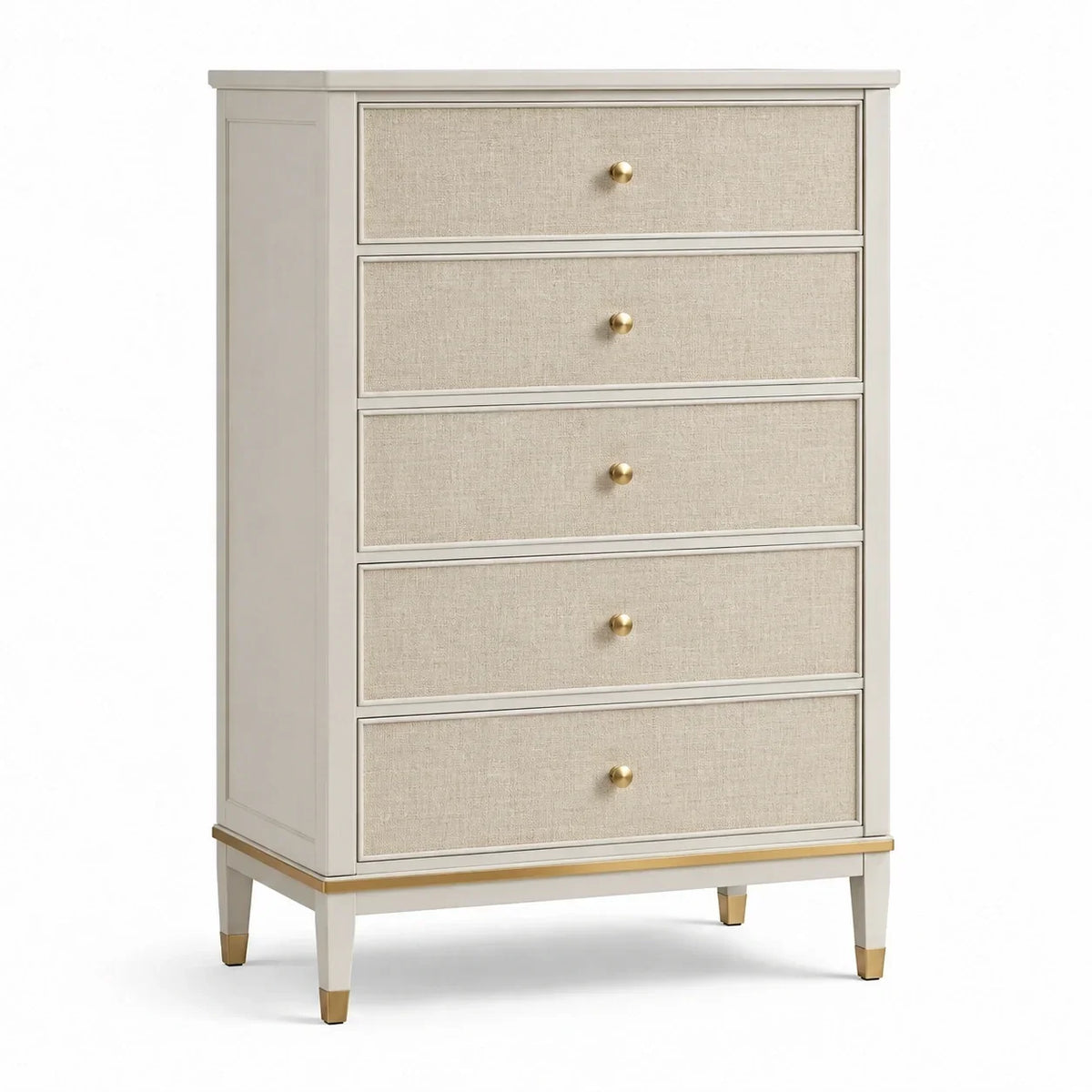 Cómoda de madera, 5 cajones, madera maciza, beige/dorado