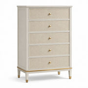 Cómoda de madera, 5 cajones, madera maciza, beige/dorado