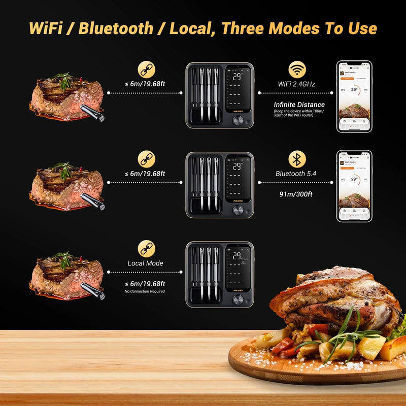 Termómetro de carne inalámbrico Inkbird con aplicación, 4 sondas, WiFi 2.4G Bluetooth 5.4, 91m, ±1°C, IPX67, horno, parrilla, ahumador