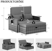 Conjunto de salón de jardín de ratán Amopatio, sofá de jardín de 2 plazas con arcón y respaldo ajustable, muebles de salón resistentes a la intemperie para balcón y terraza con taburete y cojines, gris