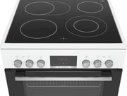 Cocina eléctrica de libre instalación Bosch Serie 4 HKR39C250, 60 cm de ancho, asistente de limpieza EcoClean Direct, aire caliente 3D para hornear en 3 niveles, control por pantalla LED, zona de cocción ampliable para recipientes grandes