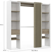 IDMarket - Vestidor extensible doble MERYL 120/180 x 50 x 180 cm blanco con estantes color haya + doble barra para colgar + cortina topo