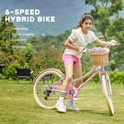 Glerc Missy 20, 24, 26 pulgadas bicicleta híbrida urbana tipo crucero para niñas, de 6 velocidades, con cesta de mimbre, para jóvenes mayores de 6 años, varios colores