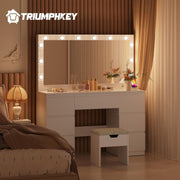 TRIUMPHKEY Tocador con espejo grande y regleta, 12 bombillas LED ajustables, mesa de maquillaje con 7 cajones, almacenamiento de joyas, cómoda grande moderna de 120x40x140 cm, blanco