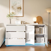 Cómoda blanca de alto brillo con iluminación LED, aparador blanco de alto brillo de 160 cm con 2 puertas y 3 cajones, alacena de cocina, mueble buffet moderno para dormitorio, comedor, oficinas y recibidor