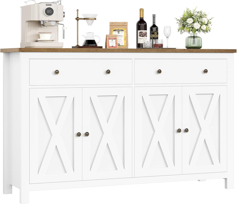 Aparador FirFurd de 140 cm de ancho, armario de cocina con encimera, alacena con 2 cajones y 4 puertas, mueble buffet de cocina con estante ajustable, aparador para cocina, salón y comedor, blanco, 140x89x40 cm