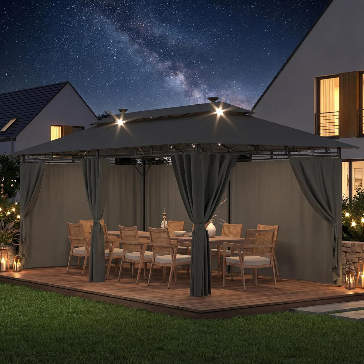 Pabellón de jardín Devoko 3x6, impermeable, estable, resistente al invierno, cenador de lujo, protección UV 50+, pabellón de barbacoa de doble capa con paredes laterales para 10-20 personas, carpa de fiesta para ocio, fiestas, gris con LED