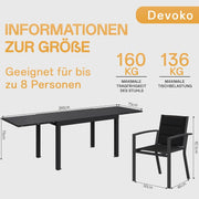Conjunto de muebles de jardín Devoko para 6 personas, set de mesa y sillas de aluminio 6+1 para balcón, 6 sillas de jardín apilables y 1 mesa de jardín extensible de 130/260 cm, set de muebles de terraza para exterior, gris oscuro