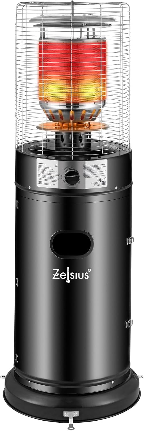 Calefactor de gas Zelsius 'Zermatt' | 11 kW | Ø 46 cm x 137 cm | Negro | Calefactor de terraza para exterior, calefacción de terraza, seta calefactora de exterior, seta calefactora a gas para terraza, balcón y jardín