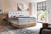 Cama boxspring Belanoti MARBO 160x200 con arcón, colchón de muelles ensacados de 7 zonas incluido, topper viscoelástico, cama 160x200 de roble en color gris blanco, firmeza H2/H3, cama tapizada con madera maciza de roble