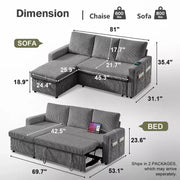 Sofá cama seccional Dyonery de 81", sofá cama en forma de L con chaise longue de almacenamiento reversible, USB, respaldo reclinable